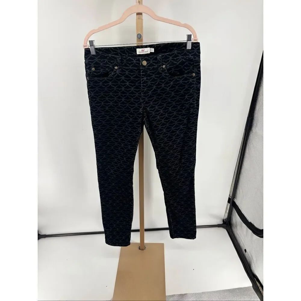 Vineyard Vines Whale Print Corduroy Skinny Pants Size 8 Black Gray